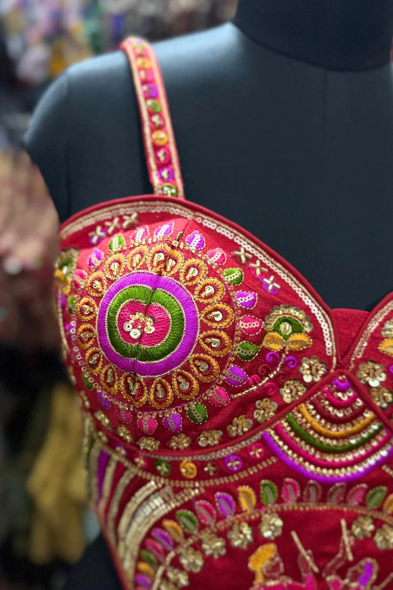 Red Navratri Corset Garba Beads & Thread Work Blouse — view 2