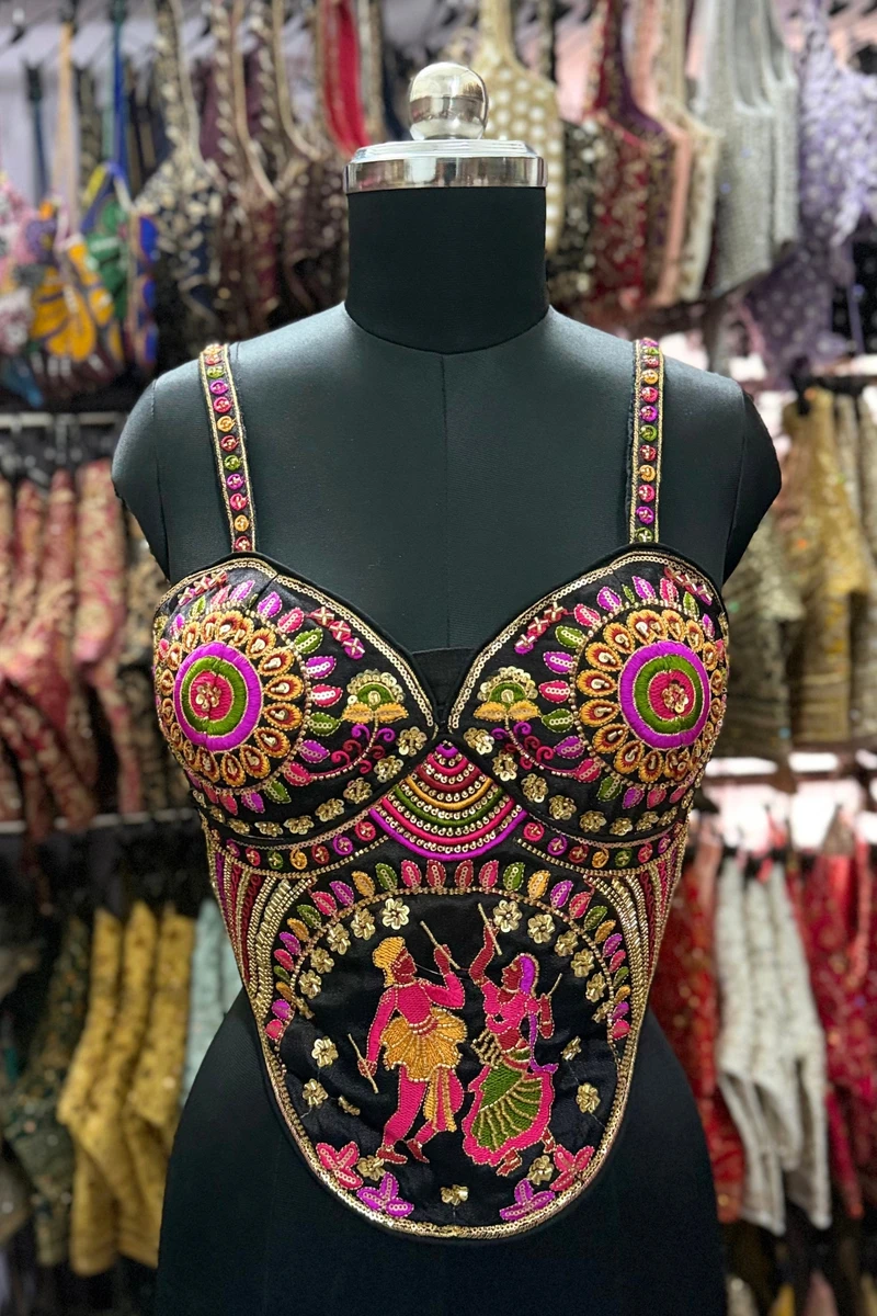 Black Navratri Corset Garba Beads & Thread Work Blouse