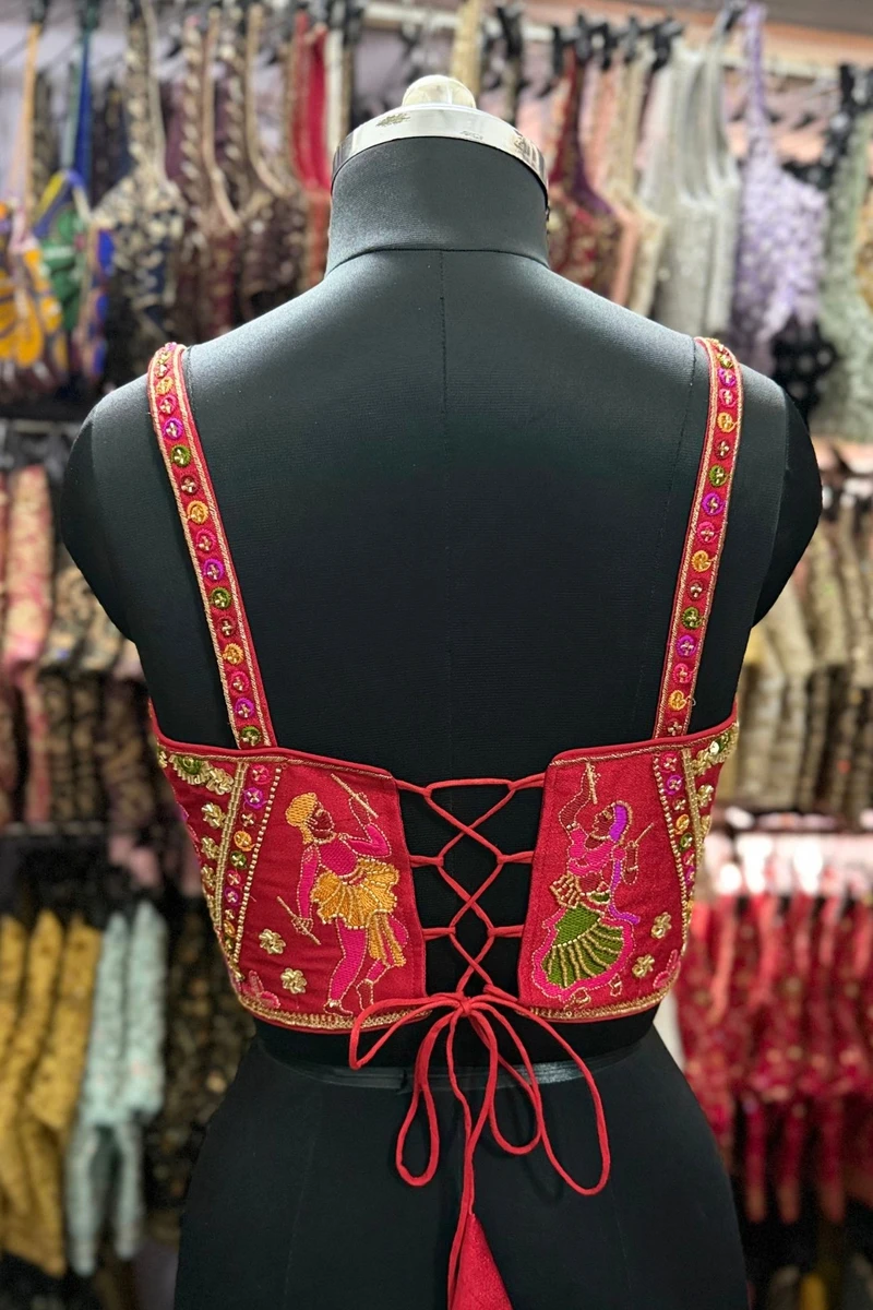 Red Navratri Corset Garba Beads & Thread Work Blouse — view 3