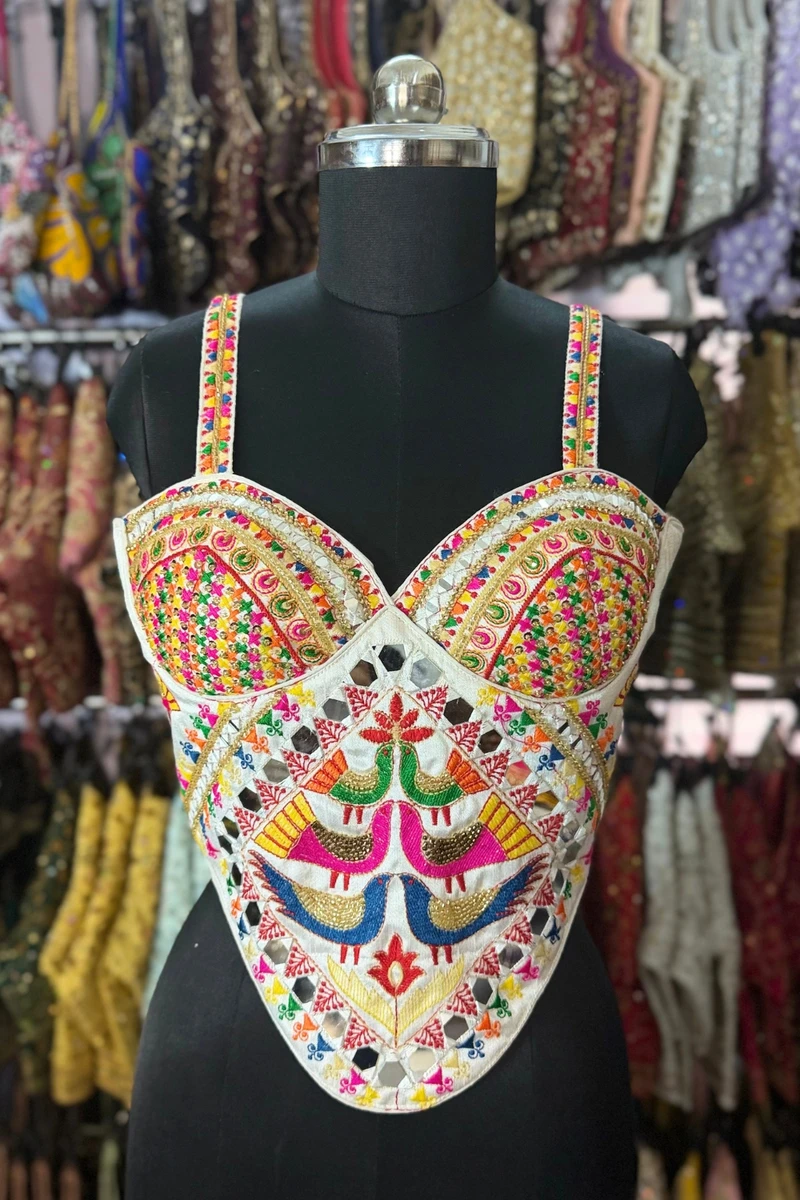 White Navratri Silk Corset Blouse with Real Mirror & Thread Embroidery Work