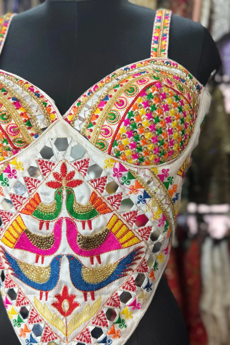 White Navratri Silk Corset Blouse with Real Mirror & Thread Embroidery Work — view 3