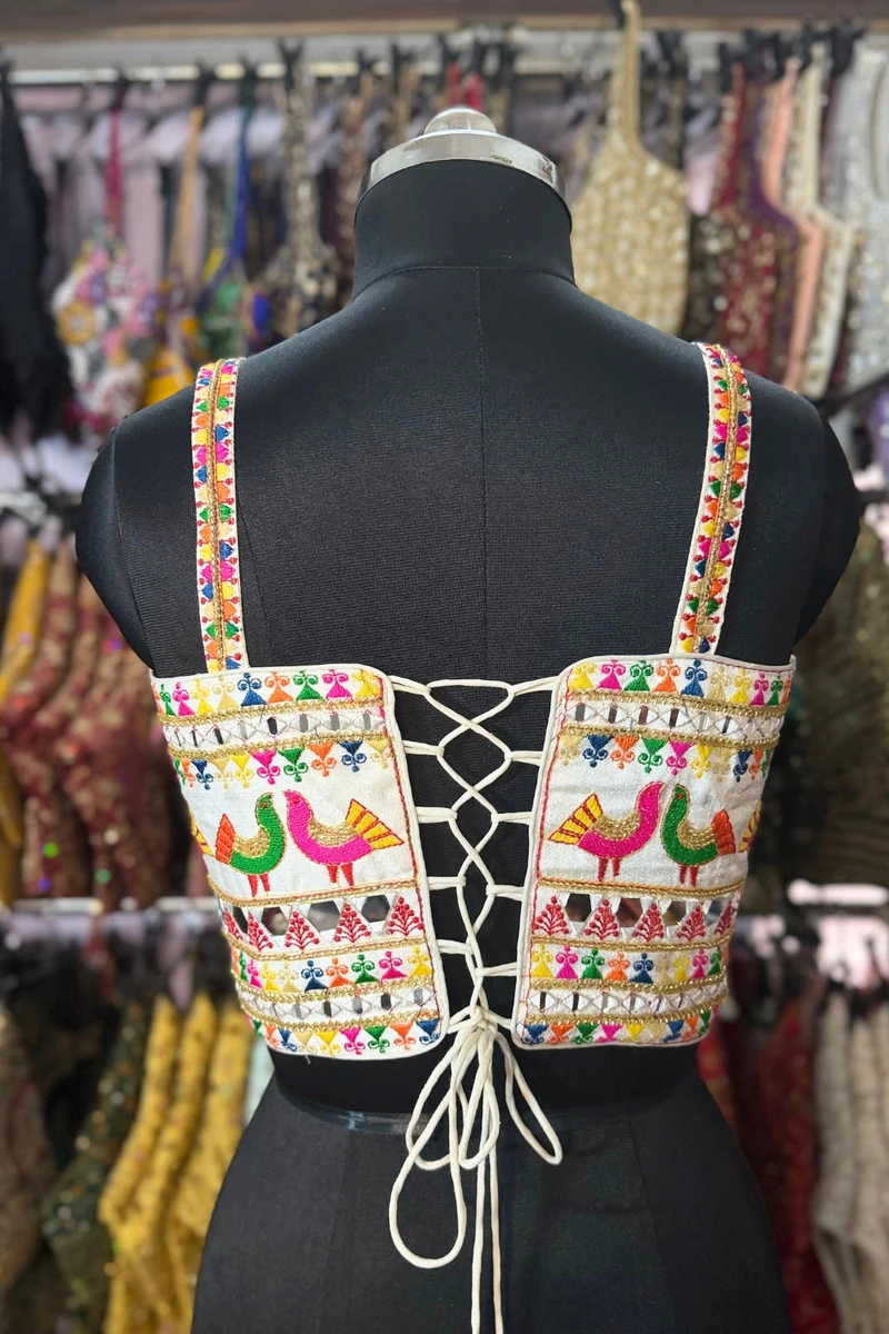 White Navratri Silk Corset Blouse with Real Mirror & Thread Embroidery Work — view 2