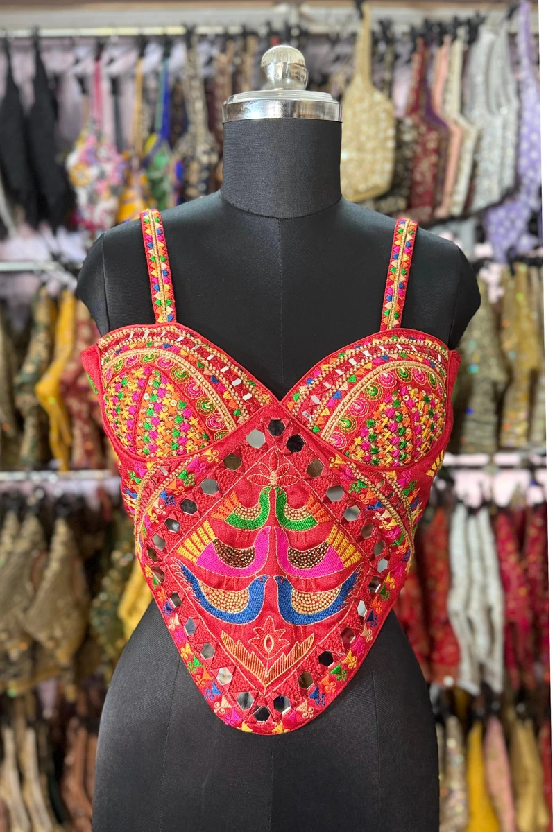 Red Navratri Silk Corset Blouse with Real Mirror & Thread Embroidery Work