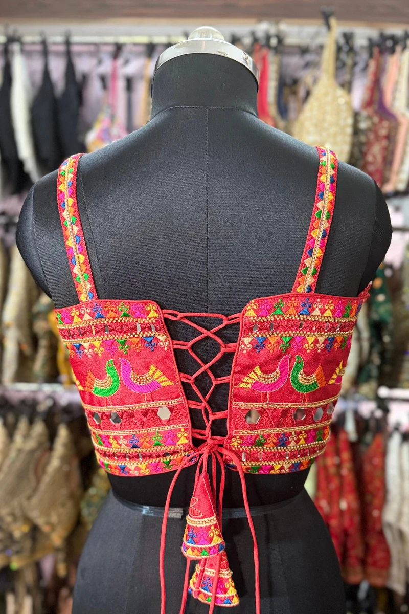 Red Navratri Silk Corset Blouse with Real Mirror & Thread Embroidery Work — view 2