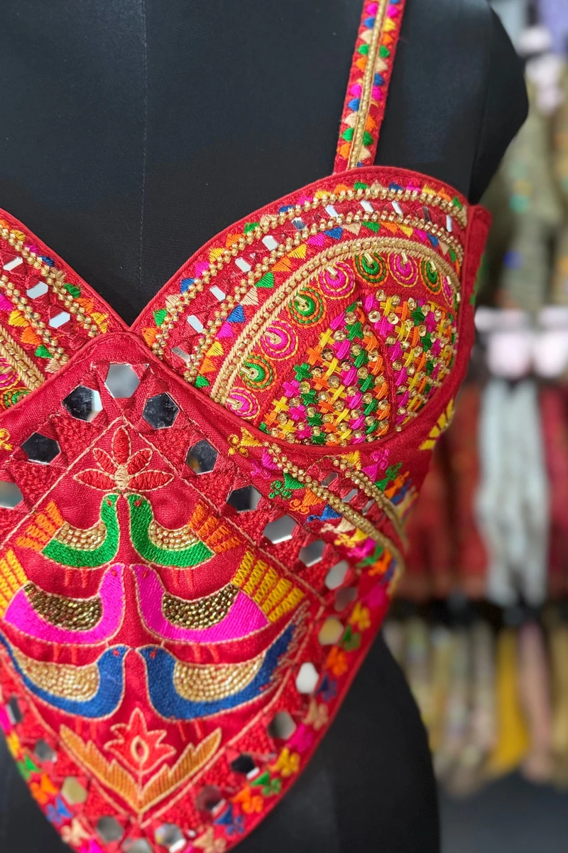 Red Navratri Silk Corset Blouse with Real Mirror & Thread Embroidery Work — view 3