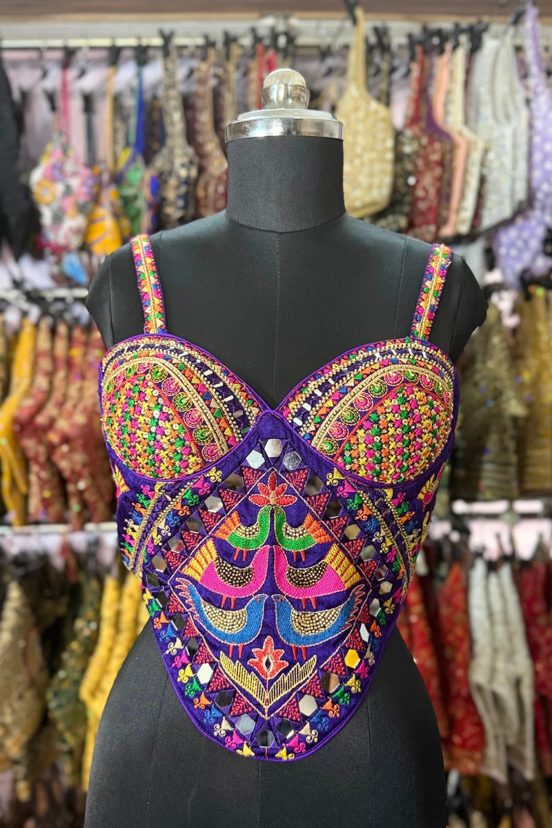 Purple Navratri Silk Corset Blouse with Real Mirror & Thread Embroidery Work