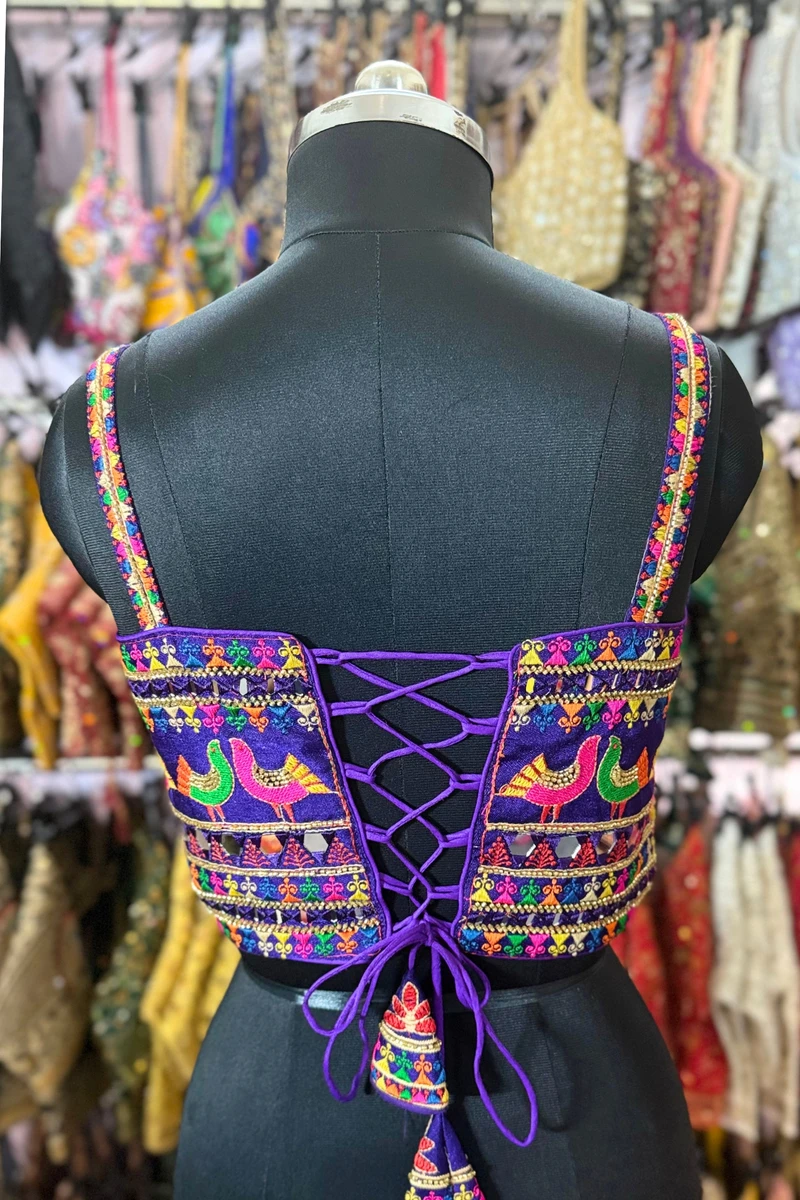 Purple Navratri Silk Corset Blouse with Real Mirror & Thread Embroidery Work — view 3