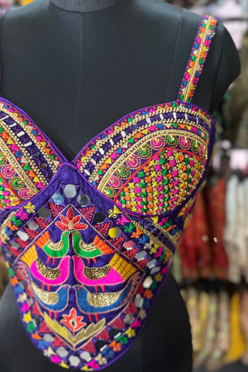 Purple Navratri Silk Corset Blouse with Real Mirror & Thread Embroidery Work — view 2