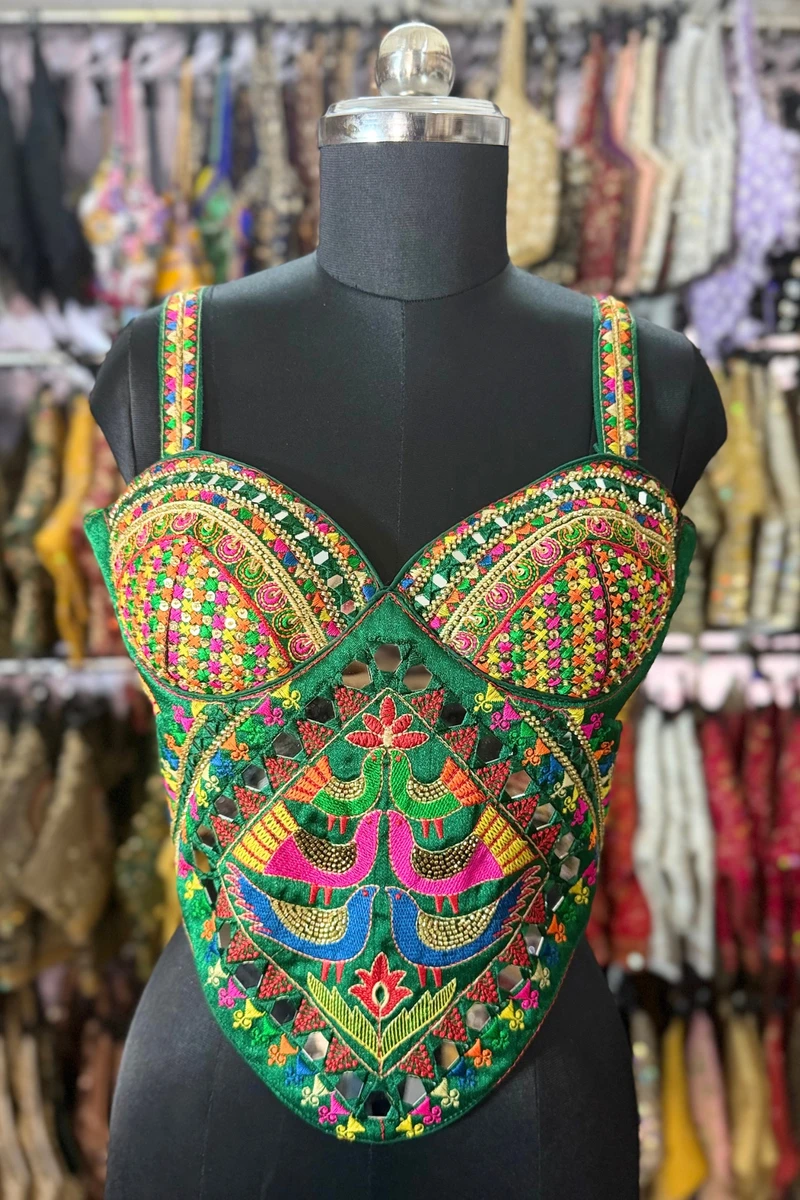 Green Navratri Silk Corset Blouse with Real Mirror & Thread Embroidery Work