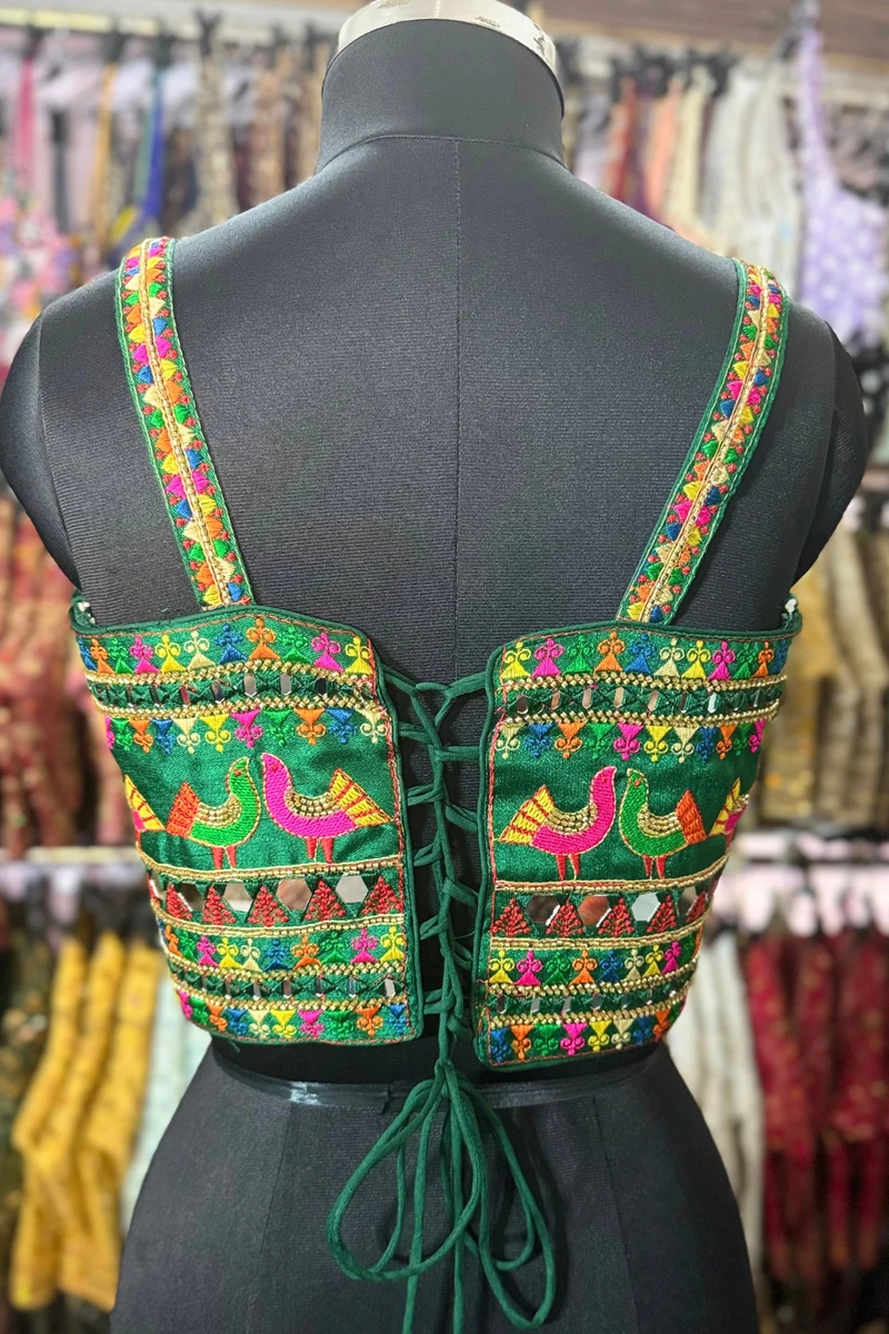 Green Navratri Silk Corset Blouse with Real Mirror & Thread Embroidery Work — view 3