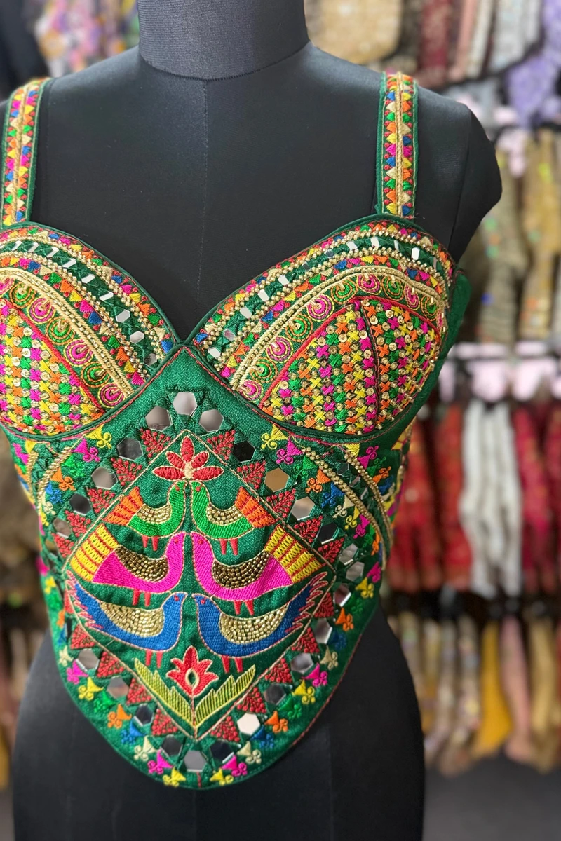 Green Navratri Silk Corset Blouse with Real Mirror & Thread Embroidery Work — view 2
