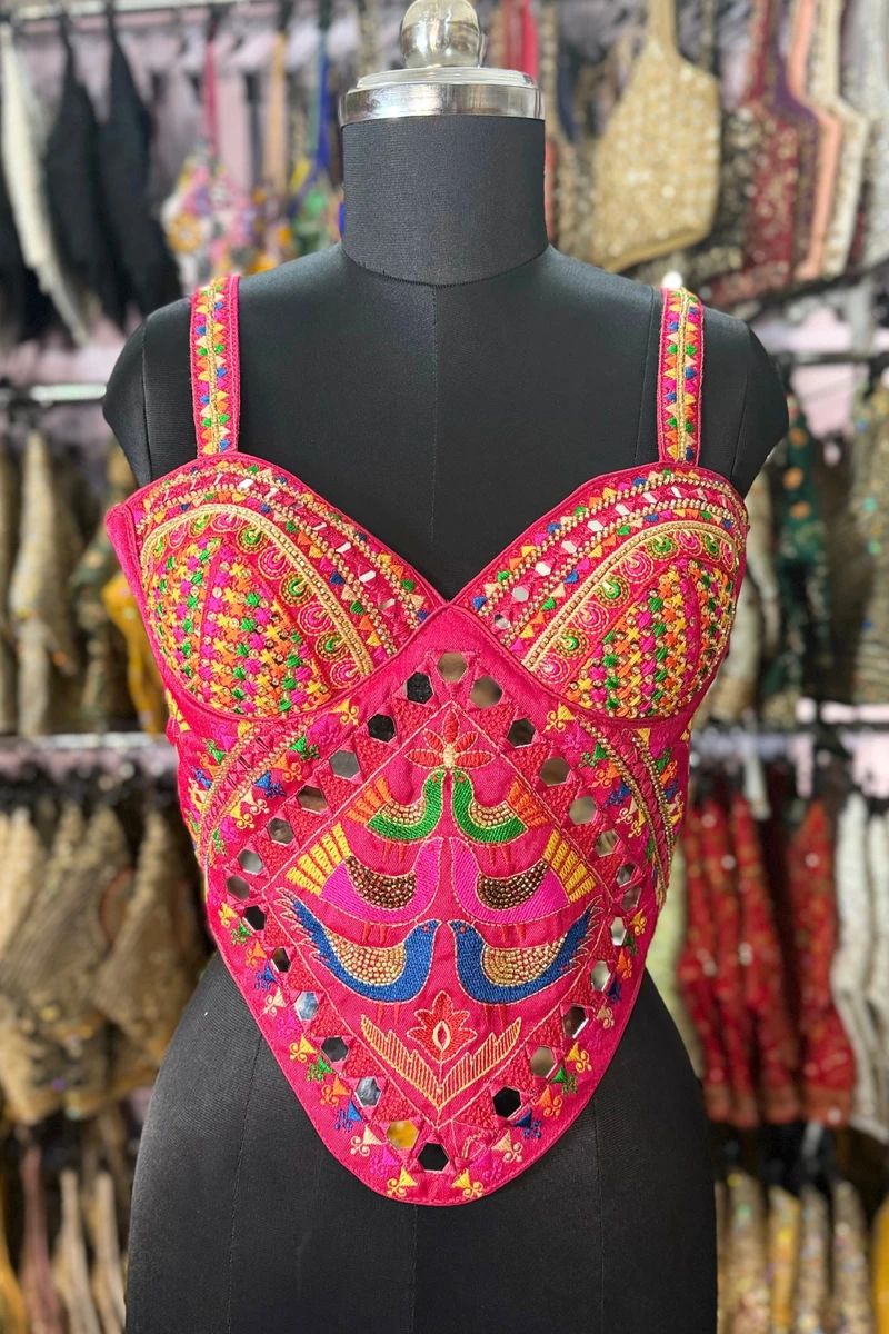 Rani Navratri Silk Corset Blouse with Real Mirror & Thread Embroidery Work