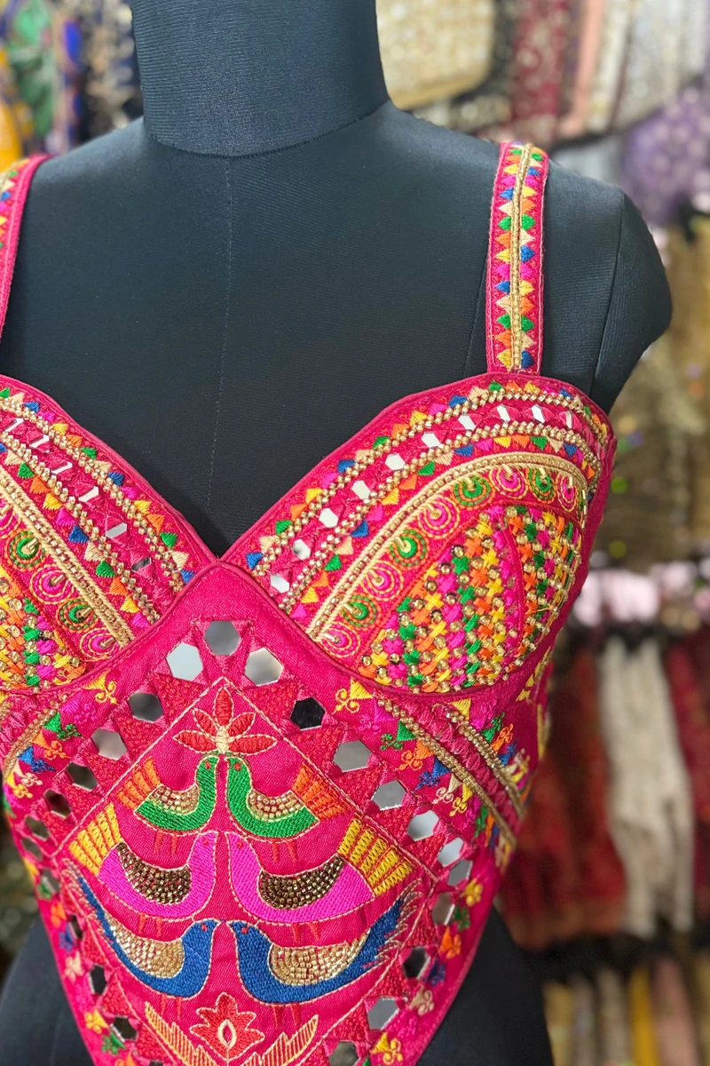 Rani Navratri Silk Corset Blouse with Real Mirror & Thread Embroidery Work — view 3