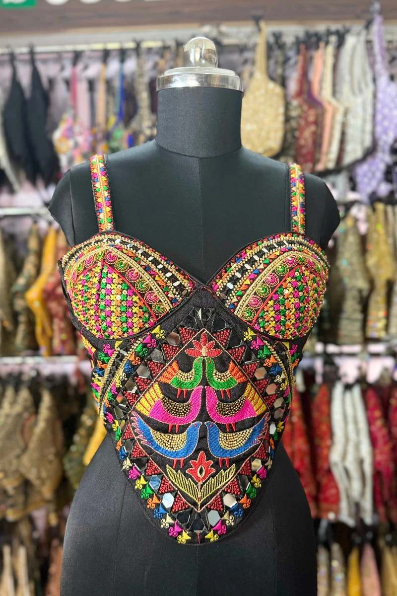 Black Navratri Silk Corset Blouse with Real Mirror & Thread Embroidery Work
