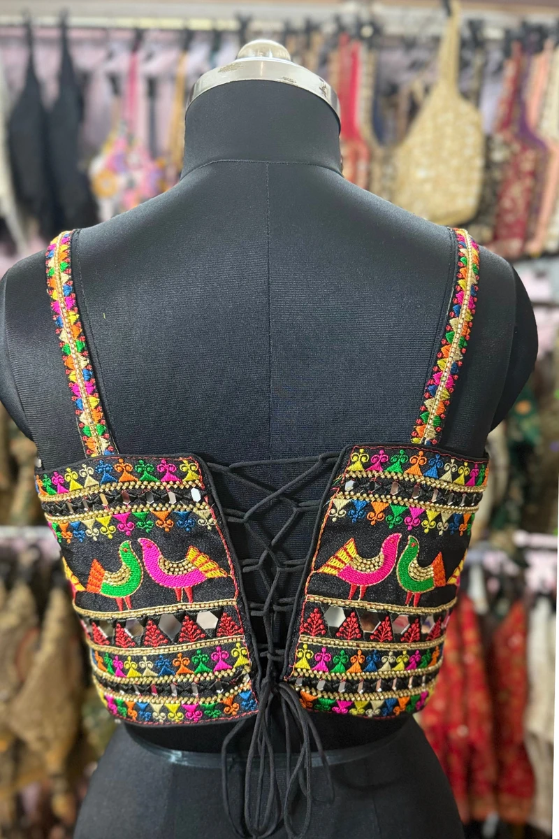 Black Navratri Silk Corset Blouse with Real Mirror & Thread Embroidery Work — view 3