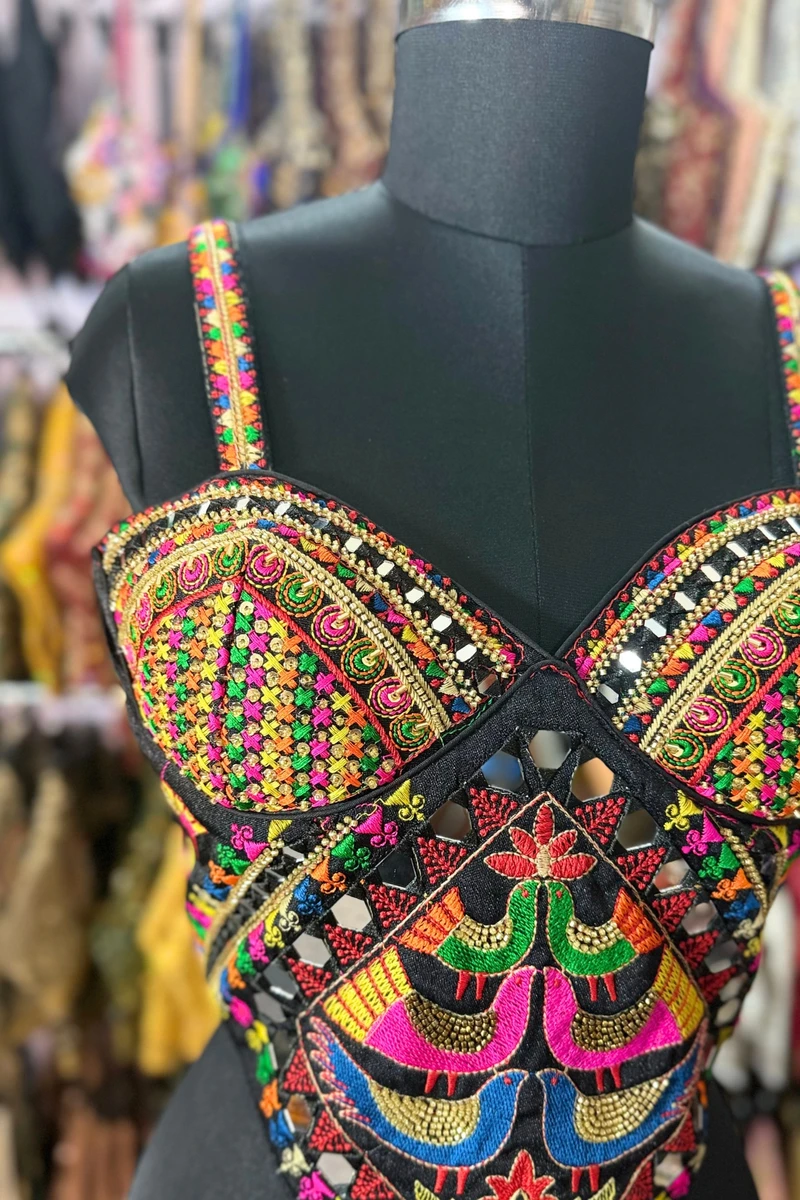 Black Navratri Silk Corset Blouse with Real Mirror & Thread Embroidery Work — view 2