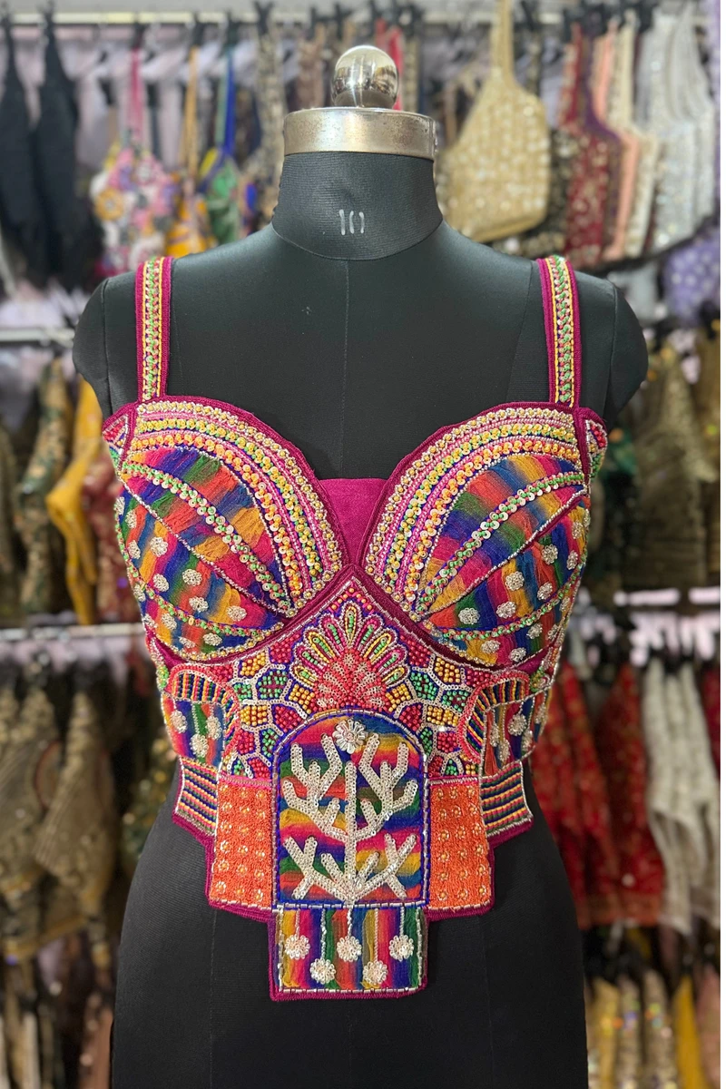 Magenta Navratri Special Silk Corset Blouse with Beads Handwork