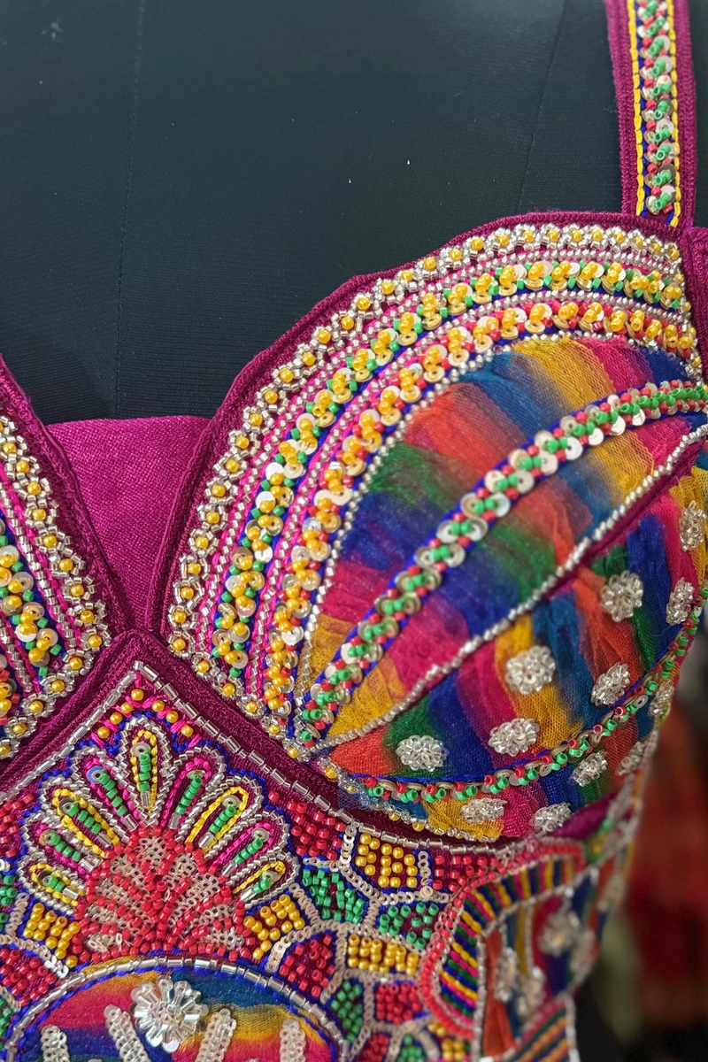 Magenta Navratri Special Silk Corset Blouse with Beads Handwork — view 2