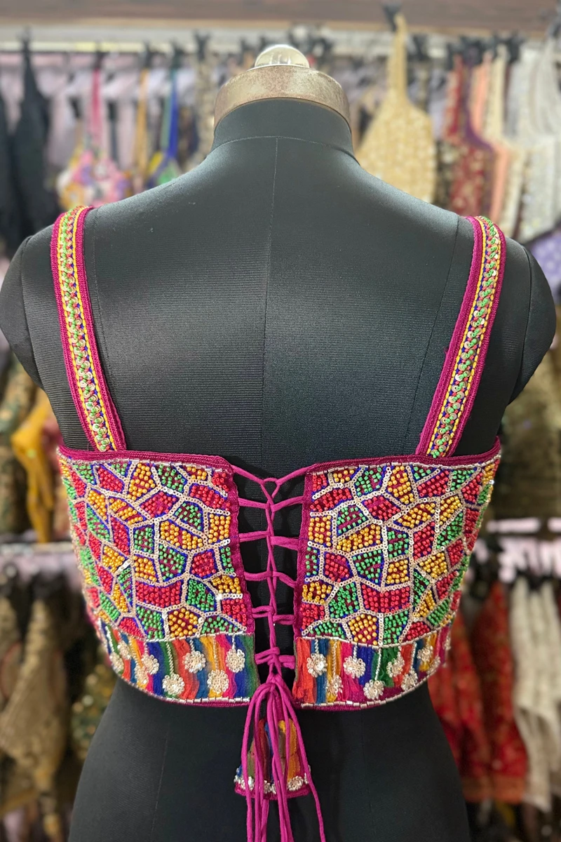Magenta Navratri Special Silk Corset Blouse with Beads Handwork — view 3