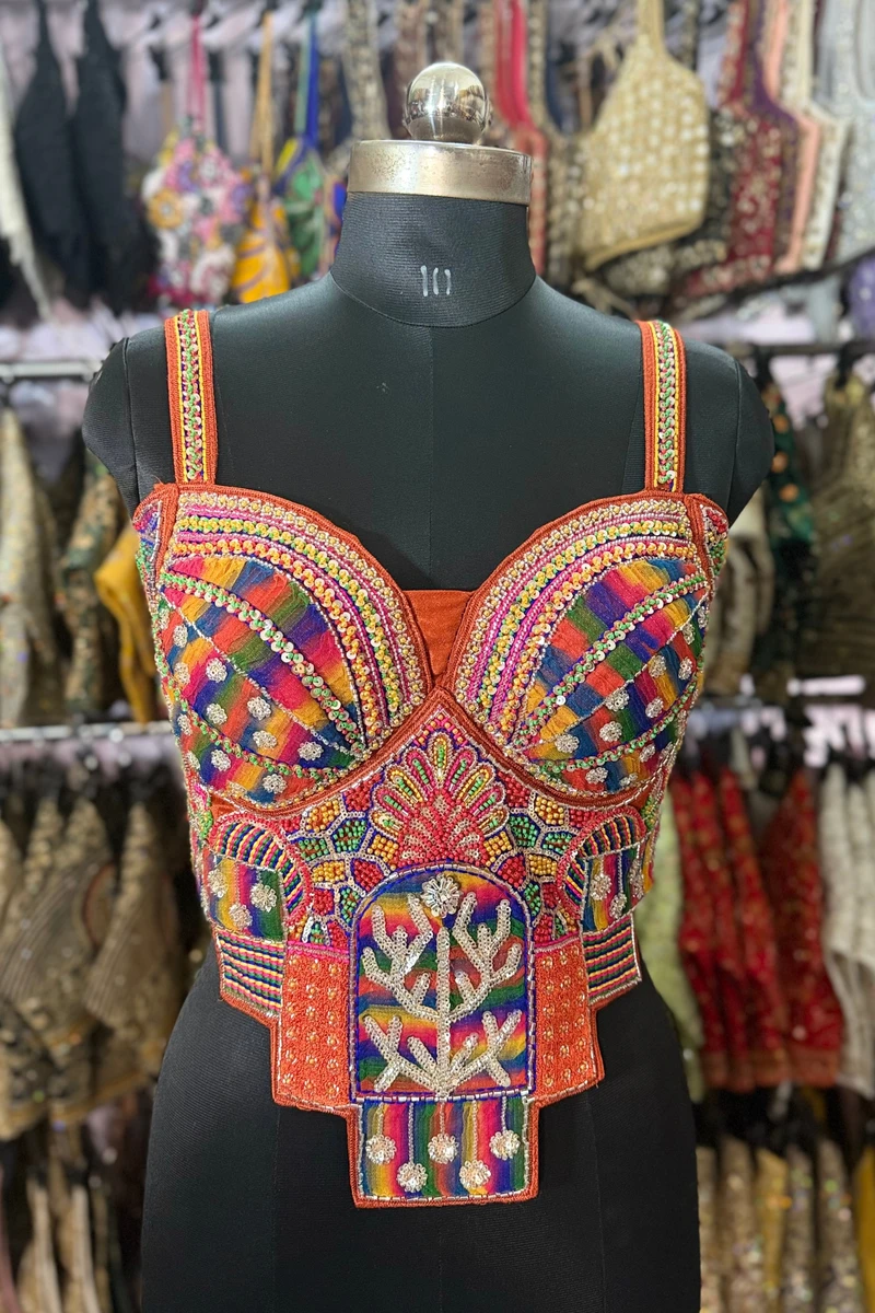 Copper Navratri Special Silk Corset Blouse with Beads Handwork