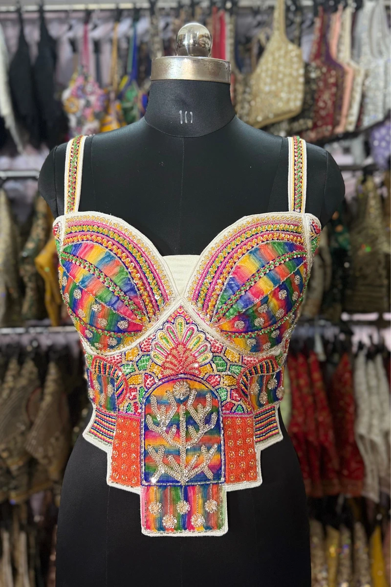 White Navratri Special Silk Corset Blouse with Beads Handwork