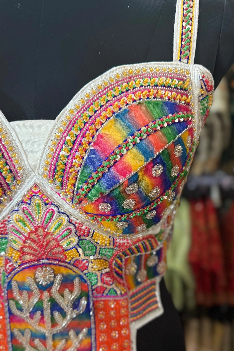 White Navratri Special Silk Corset Blouse with Beads Handwork — view 3