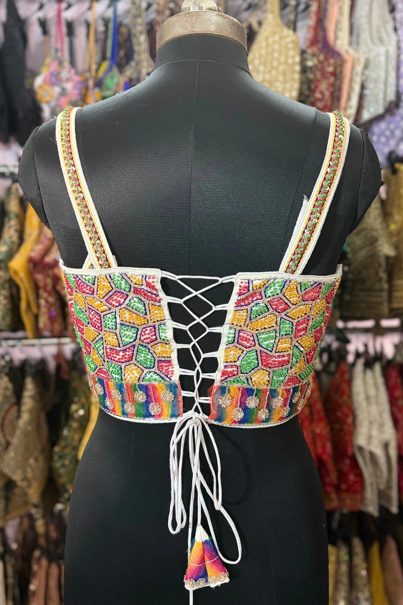 White Navratri Special Silk Corset Blouse with Beads Handwork — view 2