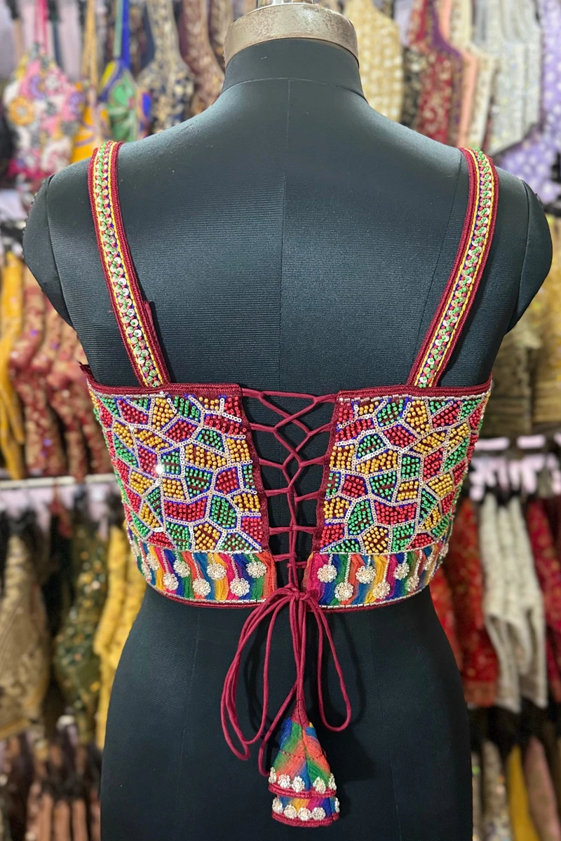 Maroon Navratri Special Silk Corset Blouse with Beads Handwork — view 2