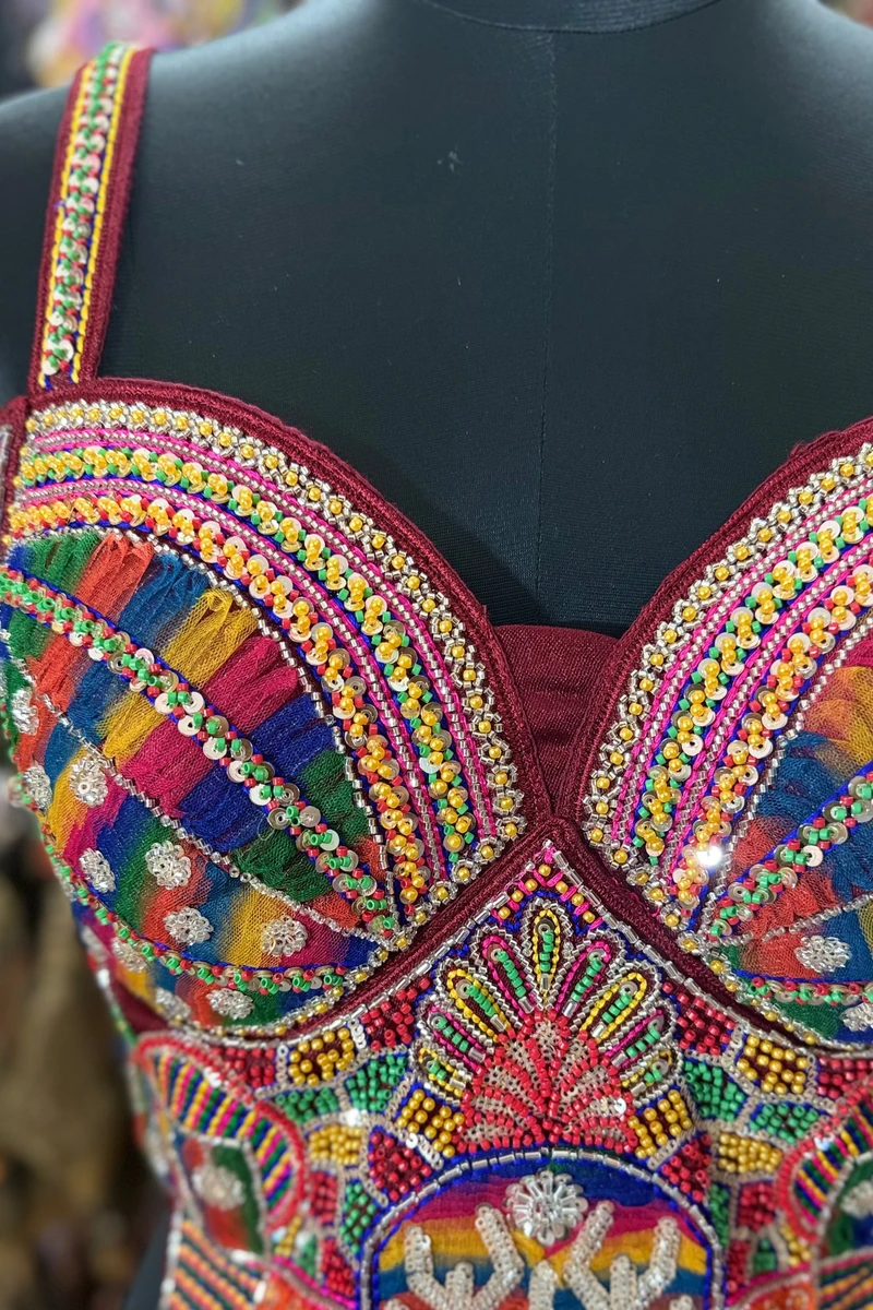 Maroon Navratri Special Silk Corset Blouse with Beads Handwork — view 3