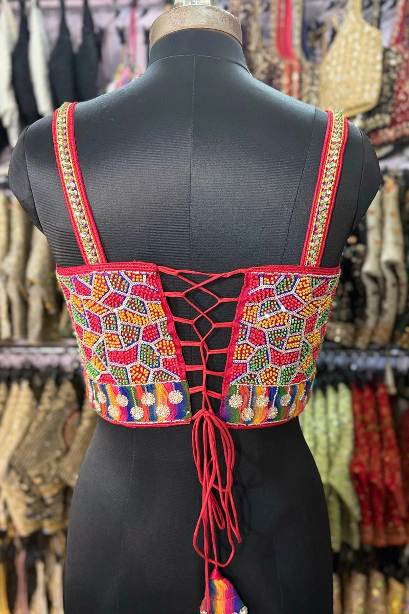 Red Navratri Special Silk Corset Blouse with Beads Handwork — view 3