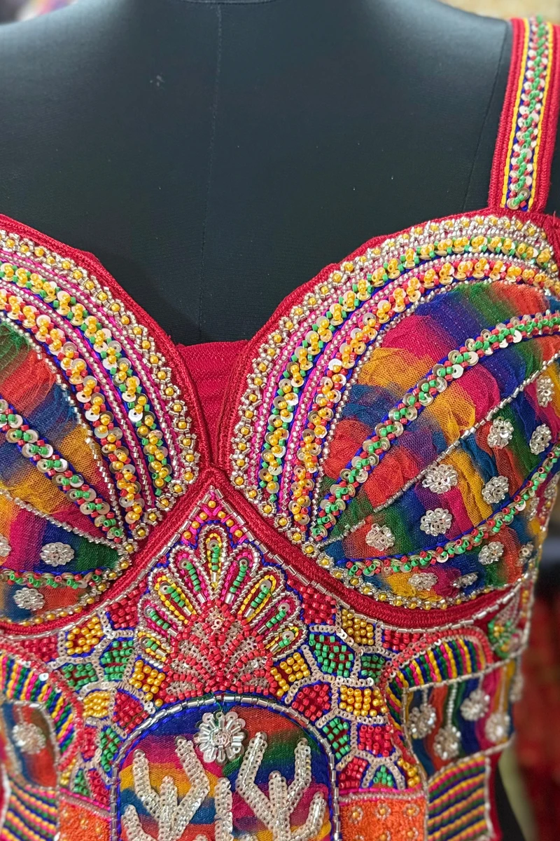 Red Navratri Special Silk Corset Blouse with Beads Handwork — view 2