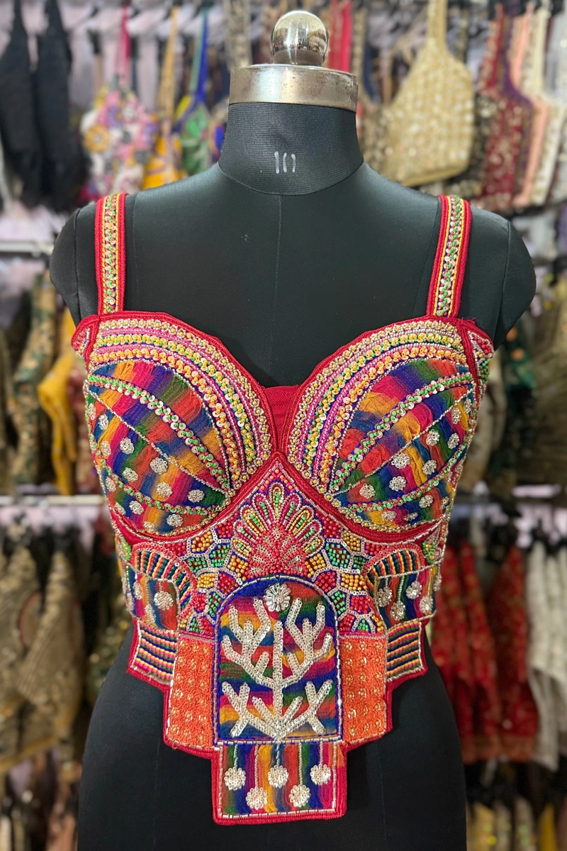 Red Navratri Special Silk Corset Blouse with Beads Handwork