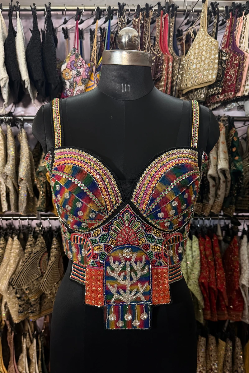 Black Navratri Special Silk Corset Blouse with Beads Handwork