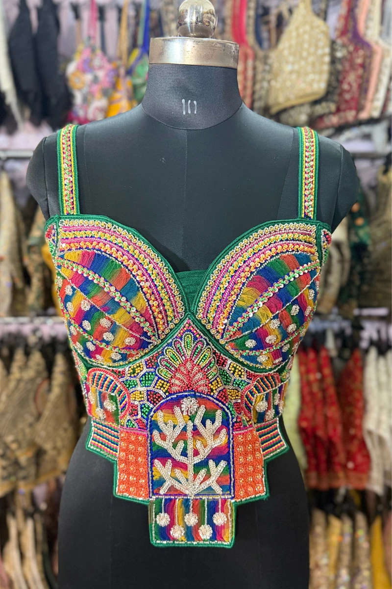 Green Navratri Special Silk Corset Blouse with Beads Handwork