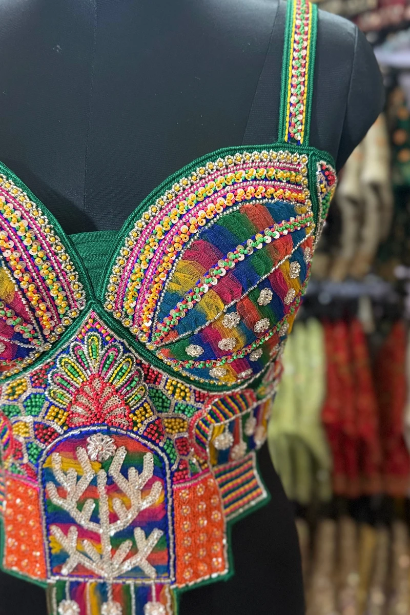 Green Navratri Special Silk Corset Blouse with Beads Handwork — view 2