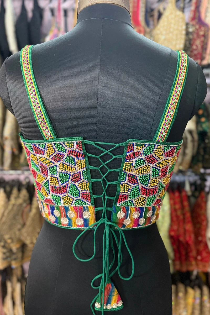 Green Navratri Special Silk Corset Blouse with Beads Handwork — view 3