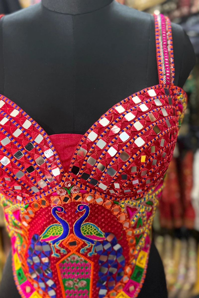 Red Navratri Multicolor Real Mirror Handwork Peacock Embroidery Corset Blouse — view 2