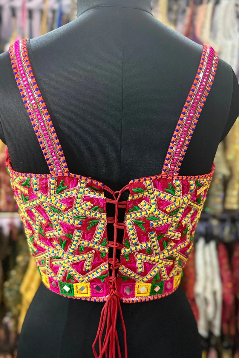 Red Navratri Multicolor Real Mirror Handwork Peacock Embroidery Corset Blouse — view 3