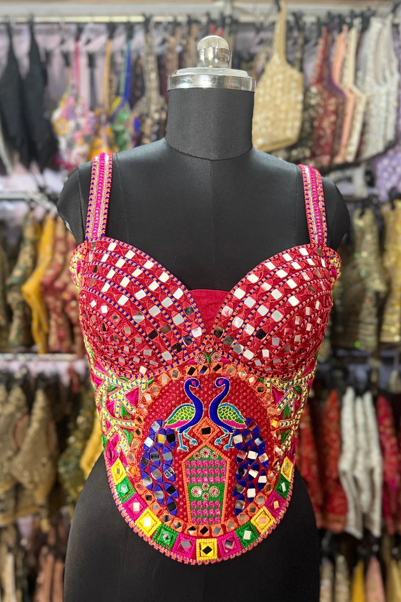 Red Navratri Multicolor Real Mirror Handwork Peacock Embroidery Corset Blouse