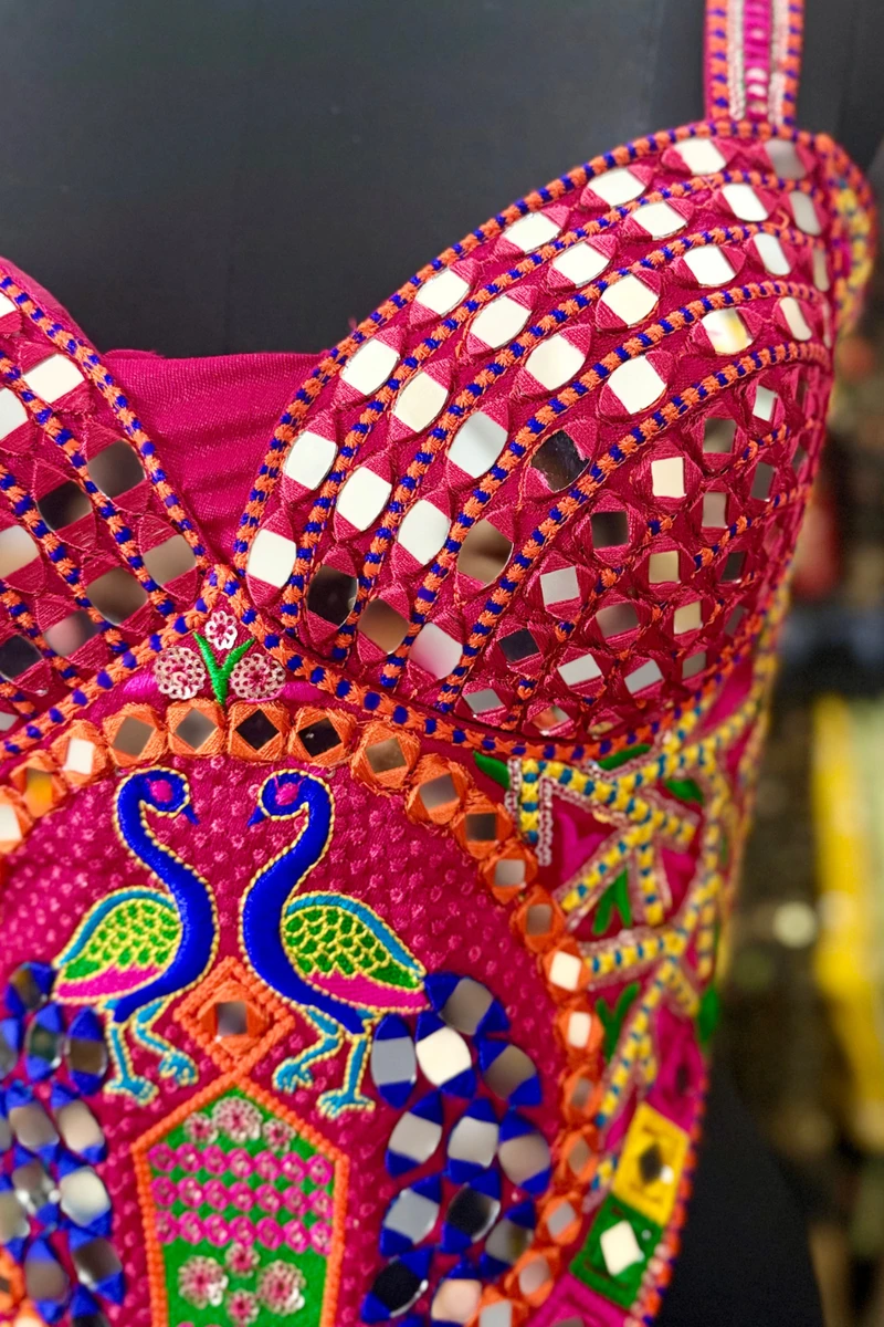 Rani Navratri Multicolor Real Mirror Handwork Peacock Embroidery Corset Blouse — view 2