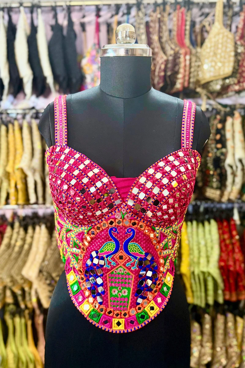 Rani Navratri Multicolor Real Mirror Handwork Peacock Embroidery Corset Blouse