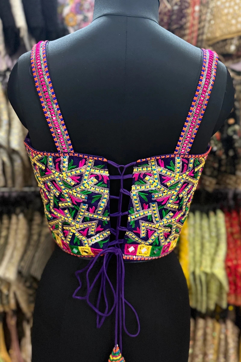 Purple Navratri Multicolor Real Mirror Handwork Peacock Embroidery Corset Blouse — view 3