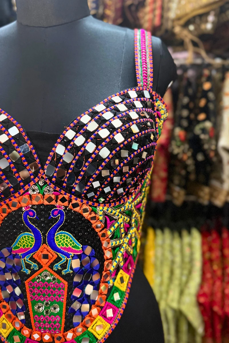 Purple Navratri Multicolor Real Mirror Handwork Peacock Embroidery Corset Blouse — view 2