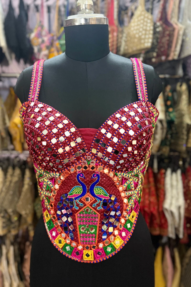 Maroon Navratri Multicolor Real Mirror Handwork Peacock Embroidery Corset Blouse