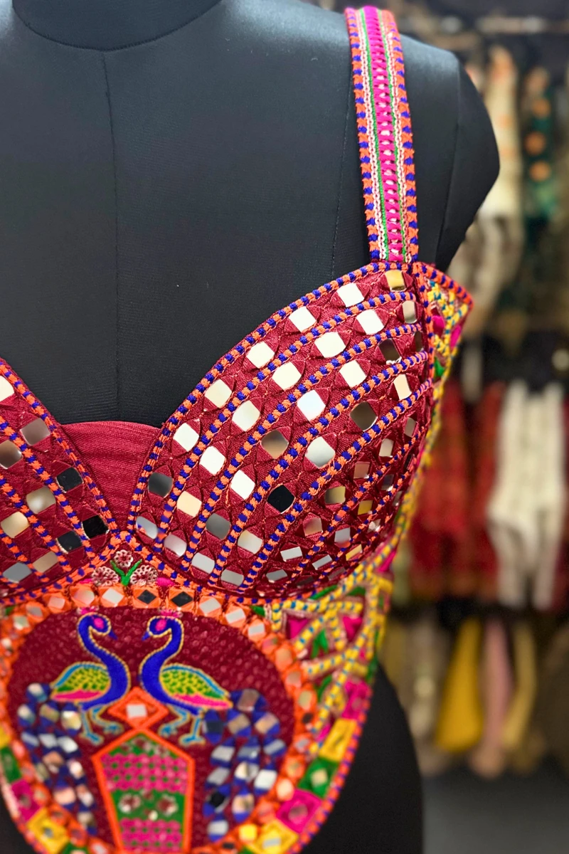 Maroon Navratri Multicolor Real Mirror Handwork Peacock Embroidery Corset Blouse — view 2