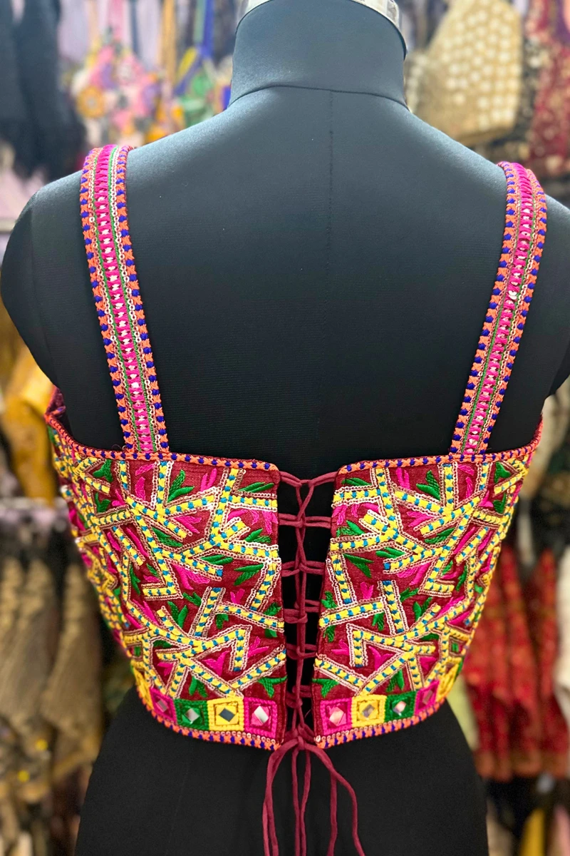 Maroon Navratri Multicolor Real Mirror Handwork Peacock Embroidery Corset Blouse — view 3