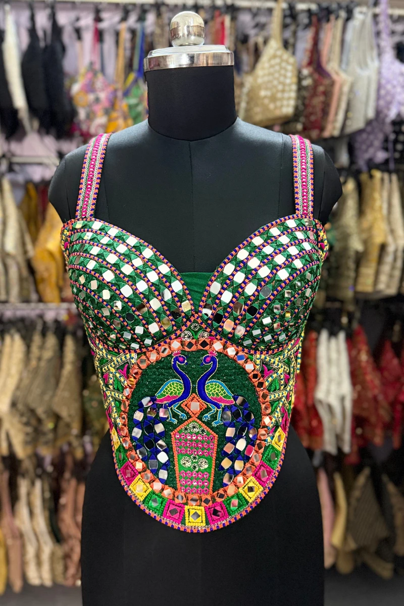 Green Navratri Multicolor Real Mirror Handwork Peacock Embroidery Corset Blouse