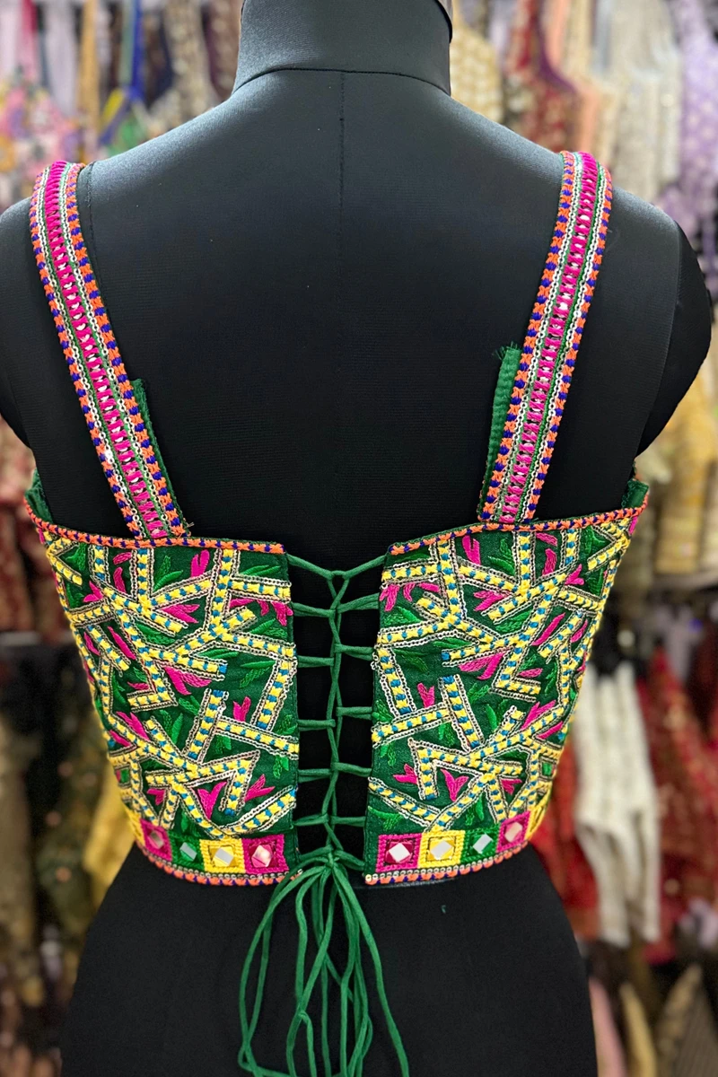 Green Navratri Multicolor Real Mirror Handwork Peacock Embroidery Corset Blouse — view 2