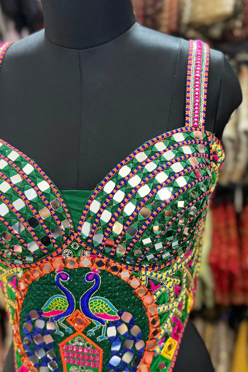 Green Navratri Multicolor Real Mirror Handwork Peacock Embroidery Corset Blouse — view 3