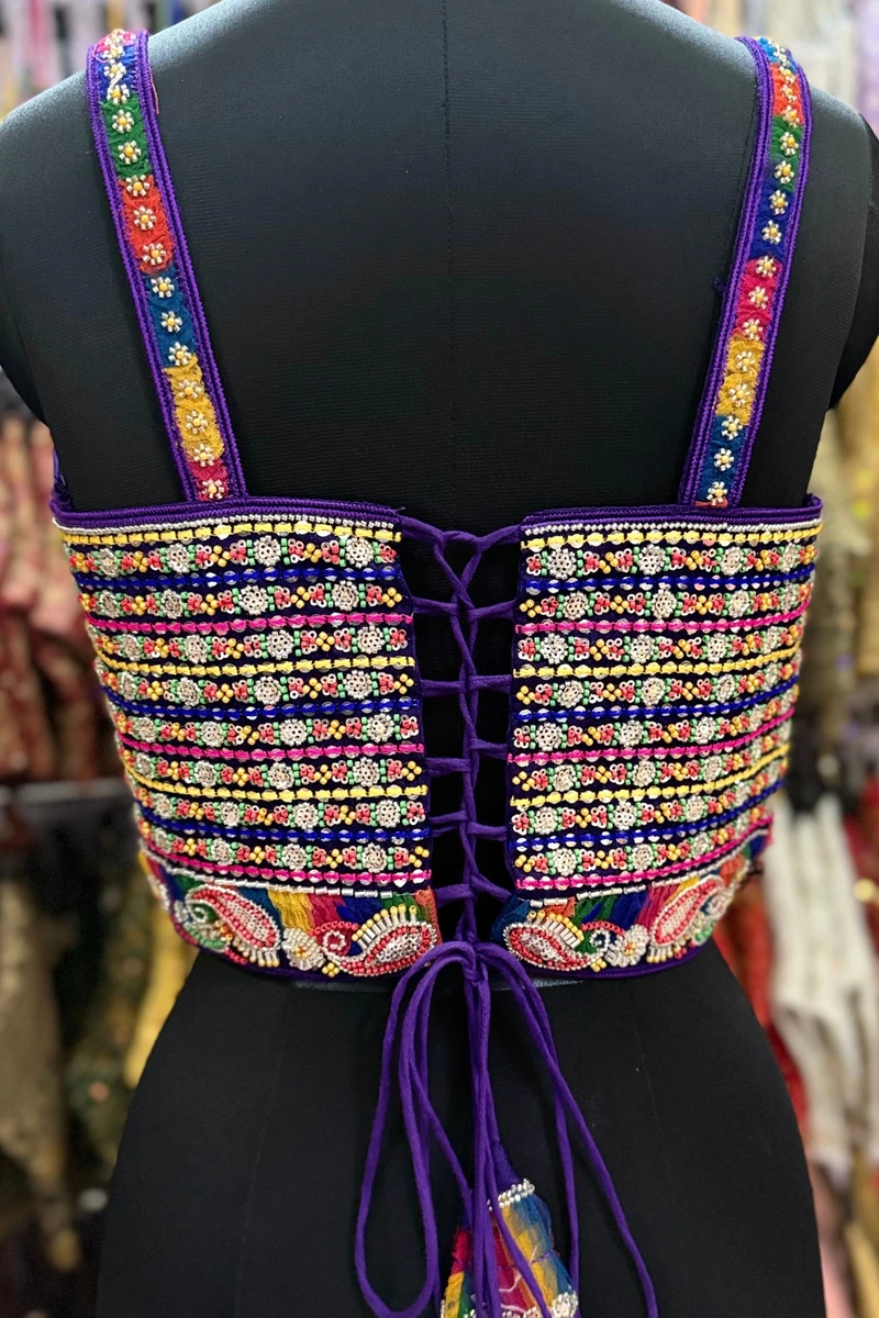 Purple Navratri Special Multicolor Beads Handwork Embroidery Corset Blouse — view 2